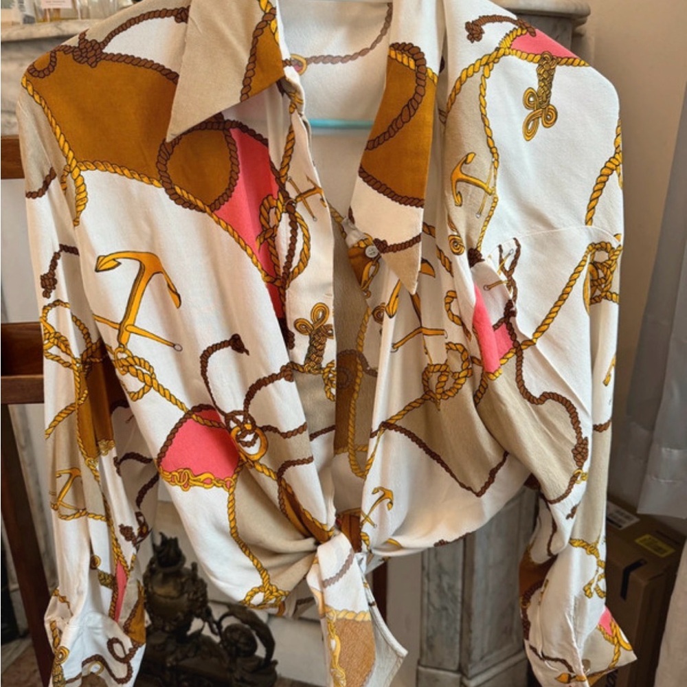 Mango Chain Print Blouse in White and Gold XL